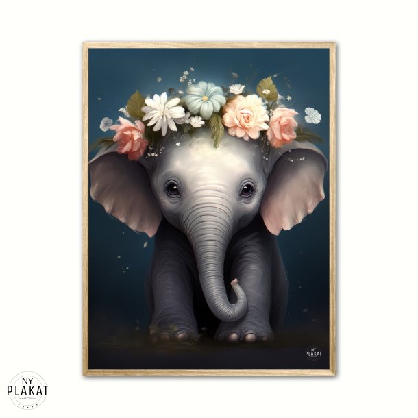 Elefant med blomsterkrans - Brneplakat 30 x 40 cm