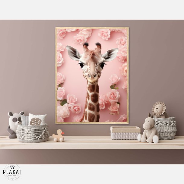 Giraffens Pink Blomstermagi - Giraf Plakat 29
