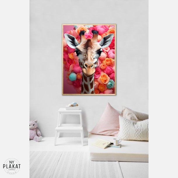 Giraffens Farverige Blomsterrejse - Giraf Plakat 23